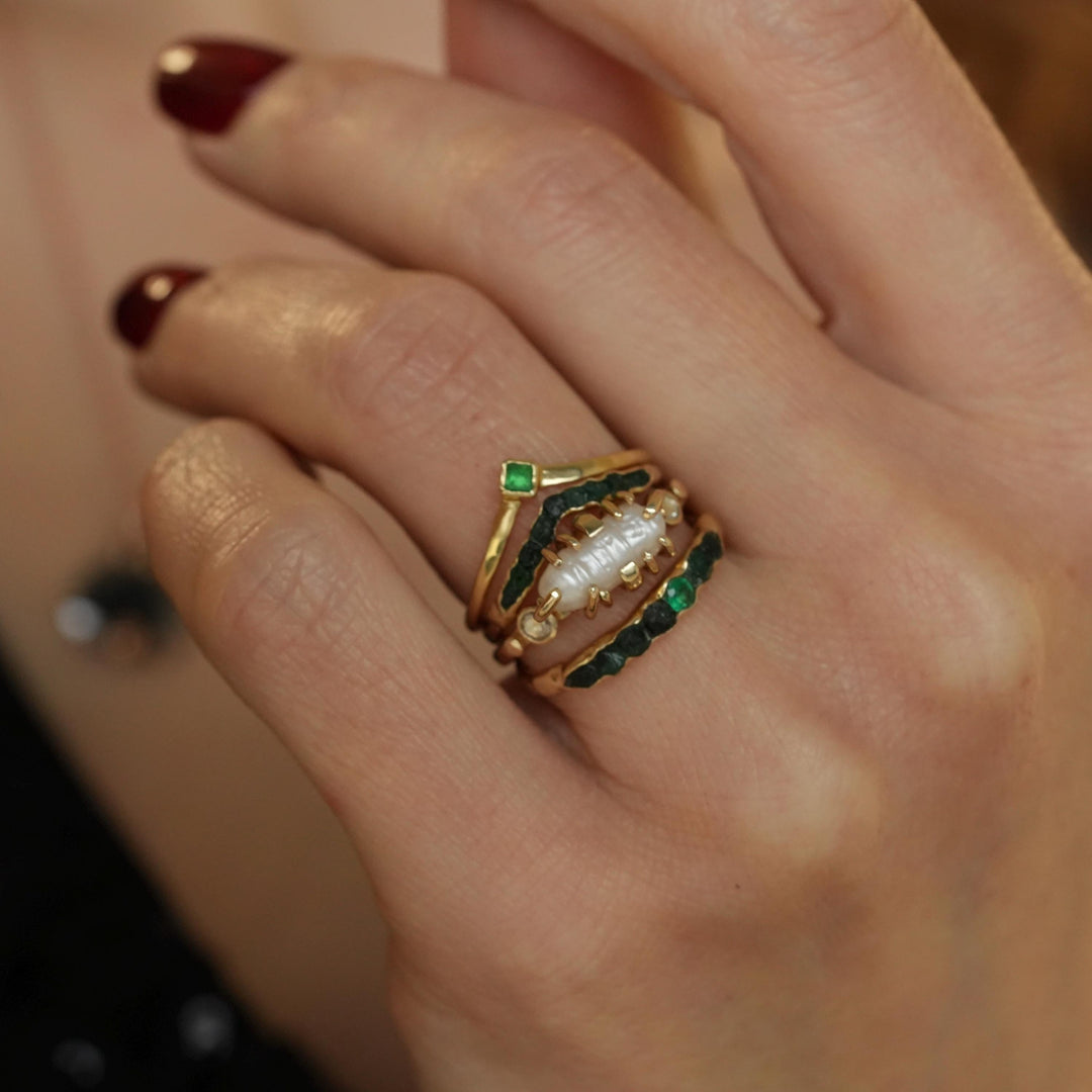 Pearl and Diamond Ring: RTS 14k Solid Yellow Gold 12 Prong Set White Oval Baroque Pearl and Clear Round Diamond Ring in US size 5.75