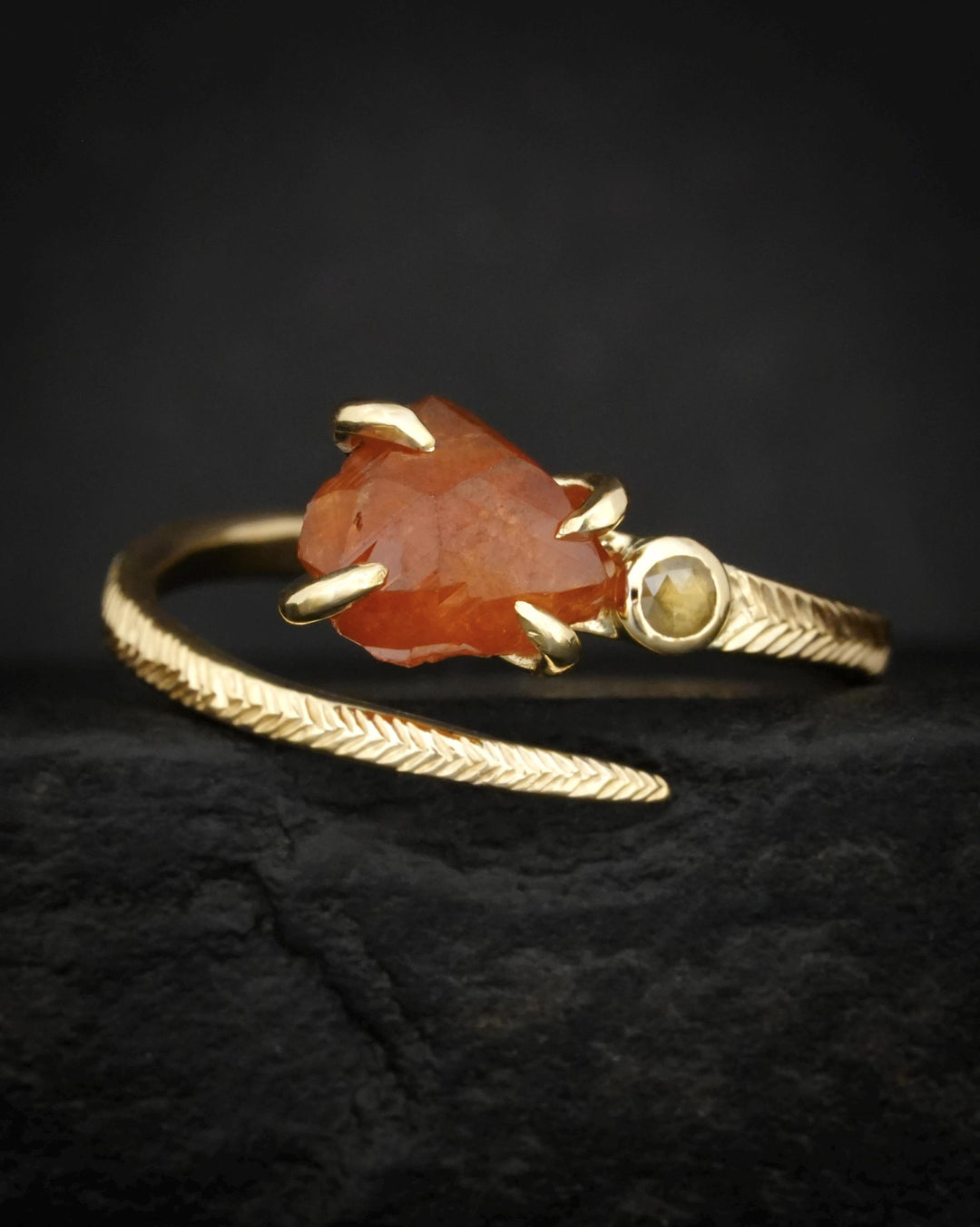 Raw Orange Garnet Ring. Adjustable Uncut Spessartite Garnet and Yellow Diamond Horseshoe Nail Engagement Statement Ring