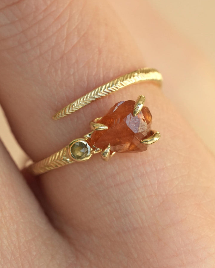 Raw Orange Garnet Ring. Adjustable Uncut Spessartite Garnet and Yellow Diamond Horseshoe Nail Engagement Statement Ring