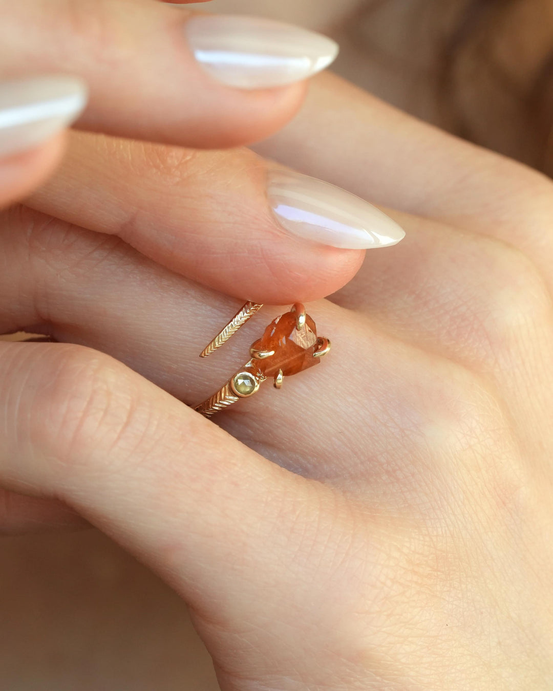 Raw Orange Garnet Ring. Adjustable Uncut Spessartite Garnet and Yellow Diamond Horseshoe Nail Engagement Statement Ring