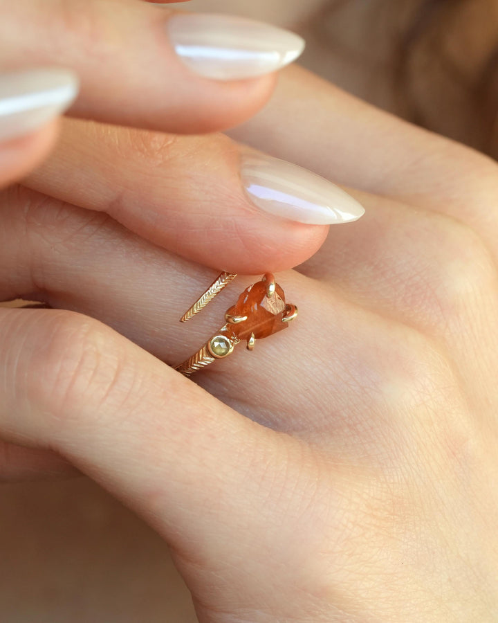 Raw Orange Garnet Ring. Adjustable Uncut Spessartite Garnet and Yellow Diamond Horseshoe Nail Engagement Statement Ring
