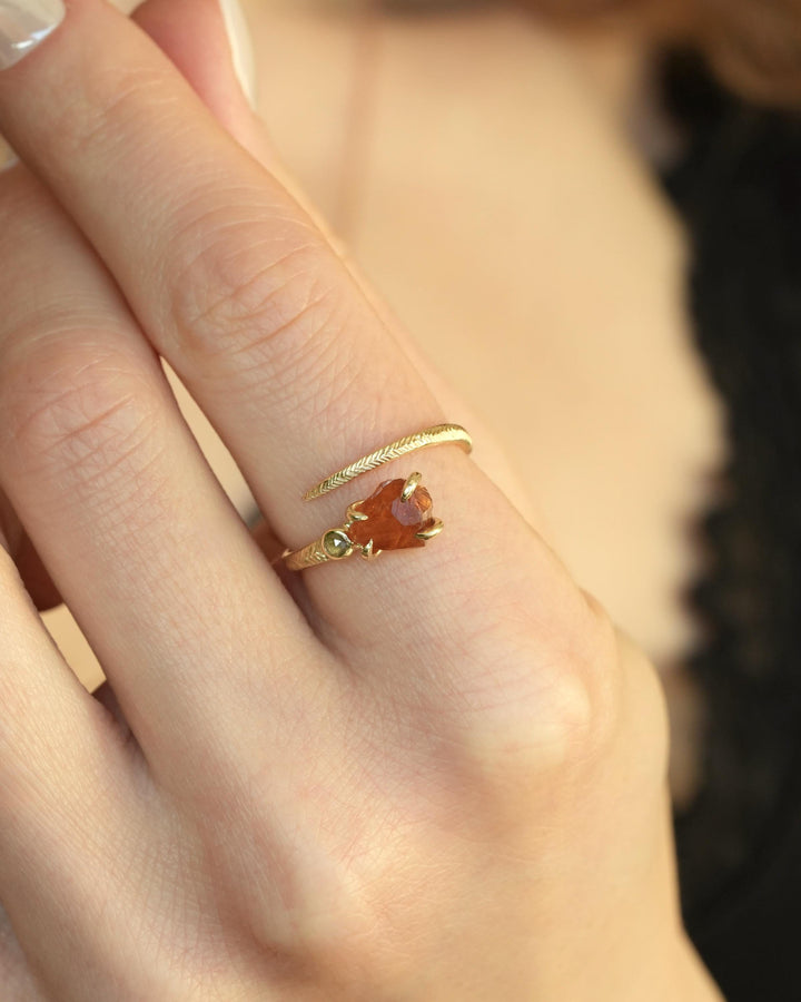 Raw Orange Garnet Ring. Adjustable Uncut Spessartite Garnet and Yellow Diamond Horseshoe Nail Engagement Statement Ring