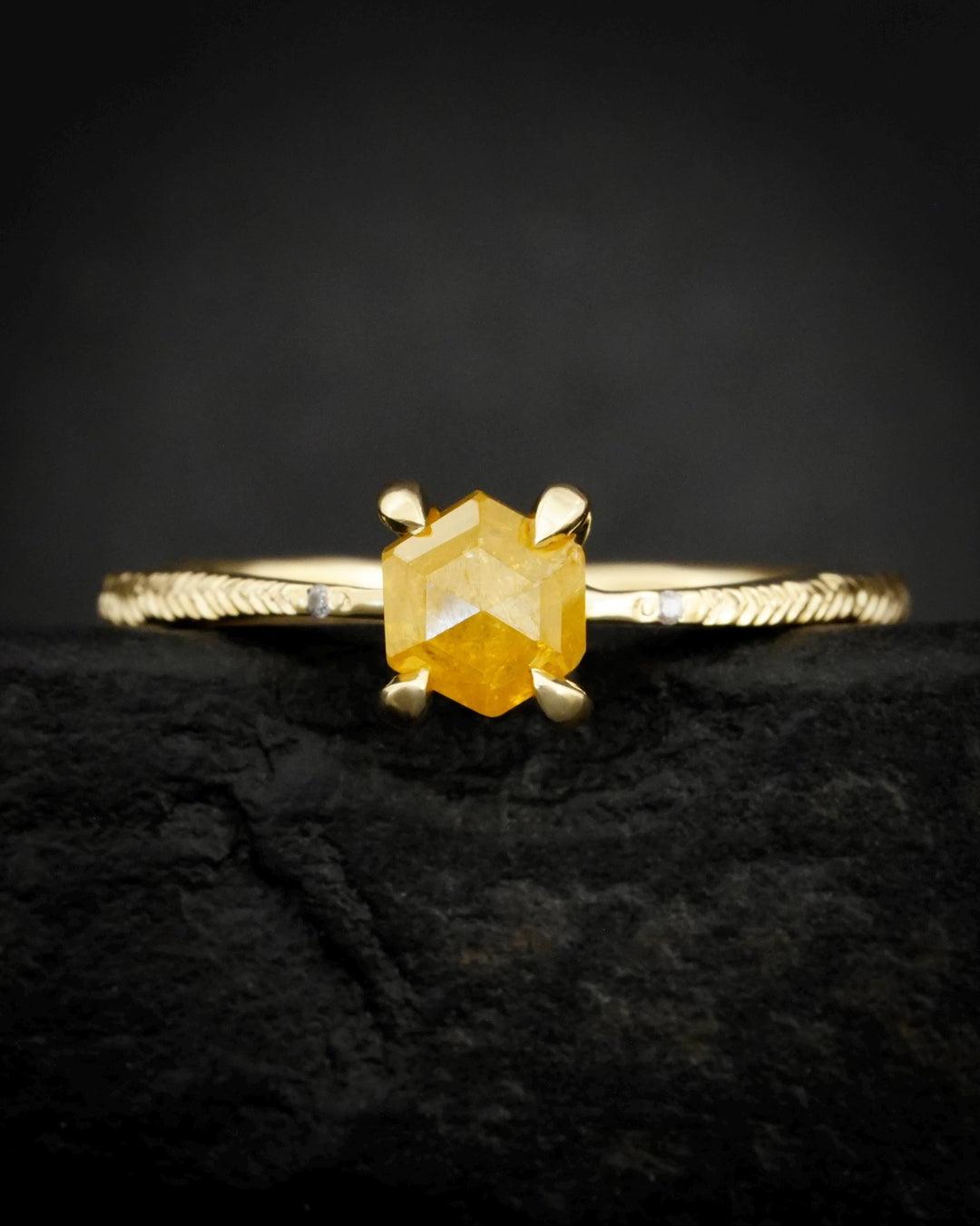Yellow Hexagon Diamond Ring. RTS US size 6. Yellow Geometric Diamond eMeraki Signature Feather Textured Engraved Elongated Engagement Ring