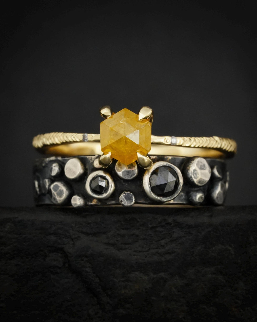 Yellow Hexagon Diamond Ring. RTS US size 6. Yellow Geometric Diamond eMeraki Signature Feather Textured Engraved Elongated Engagement Ring