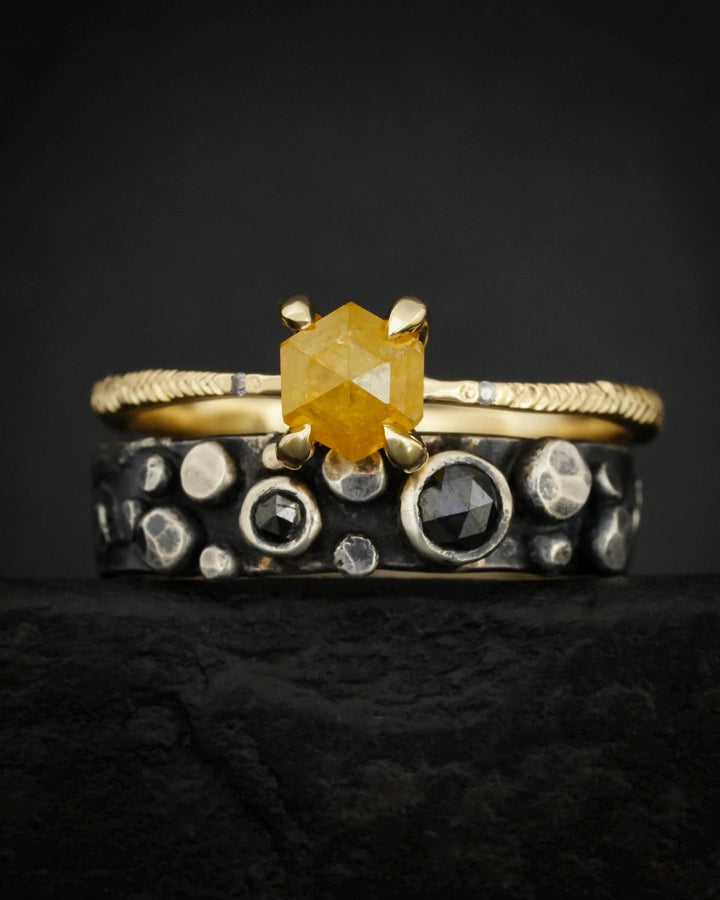 Yellow Hexagon Diamond Ring. RTS US size 6. Yellow Geometric Diamond eMeraki Signature Feather Textured Engraved Elongated Engagement Ring