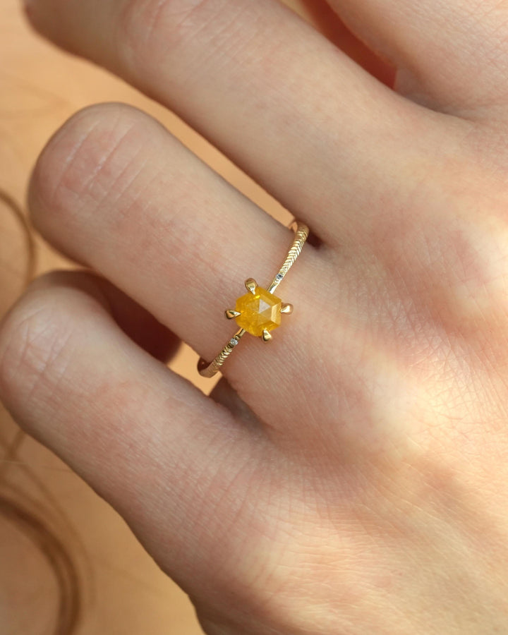 Yellow Hexagon Diamond Ring. RTS US size 6. Yellow Geometric Diamond eMeraki Signature Feather Textured Engraved Elongated Engagement Ring