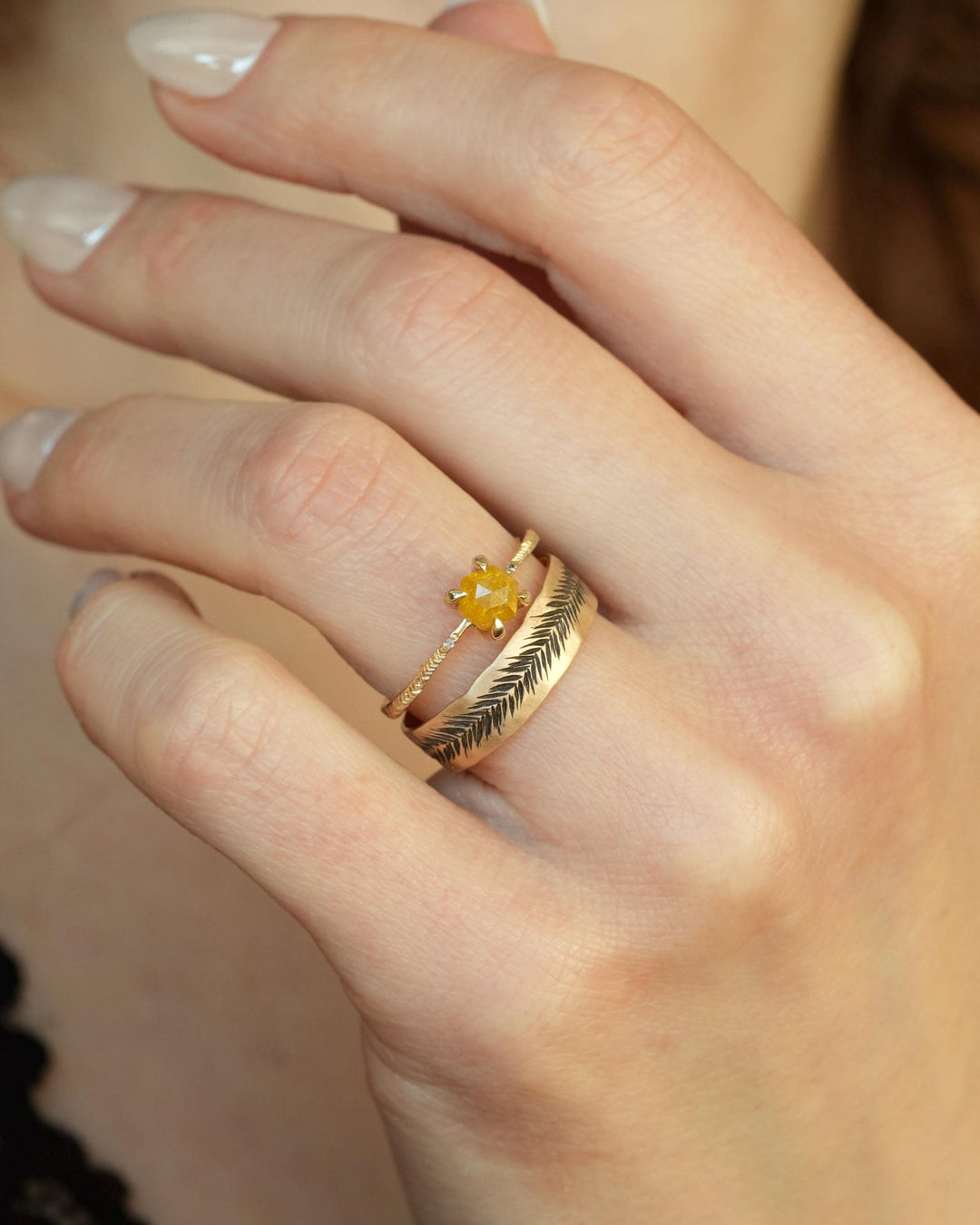 Yellow Hexagon Diamond Ring. RTS US size 6. Yellow Geometric Diamond eMeraki Signature Feather Textured Engraved Elongated Engagement Ring