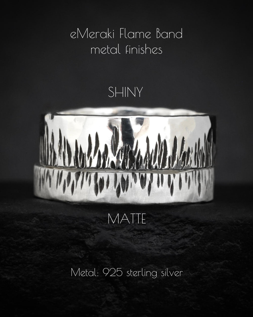 Textured Slim Flame Band. Matte Finished 925 Sterling Silver Slim Hand Engraved Flame Wedding Band Ring