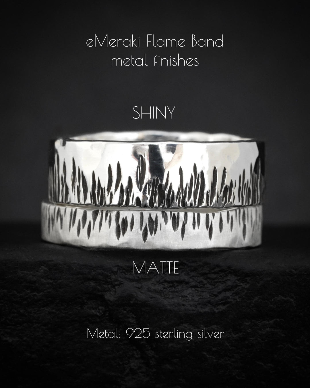 Textured Wide Flame Band. Shiny Finished 925 Sterling Silver Slim Hand Engraved Flame Wedding Band Ring