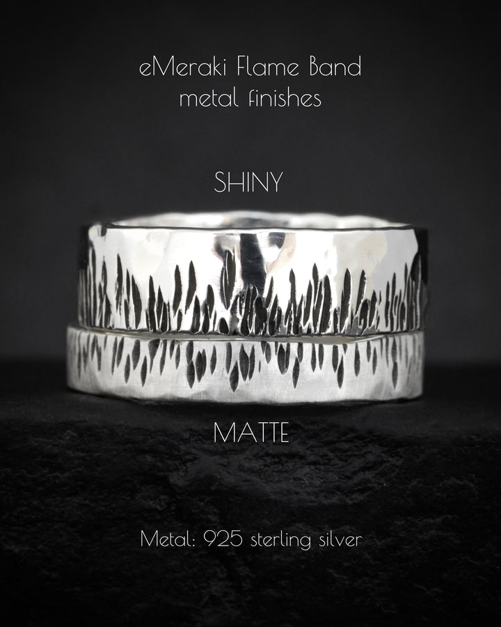 Textured Wide Flame Band. Shiny Finished 925 Sterling Silver Slim Hand Engraved Flame Wedding Band Ring