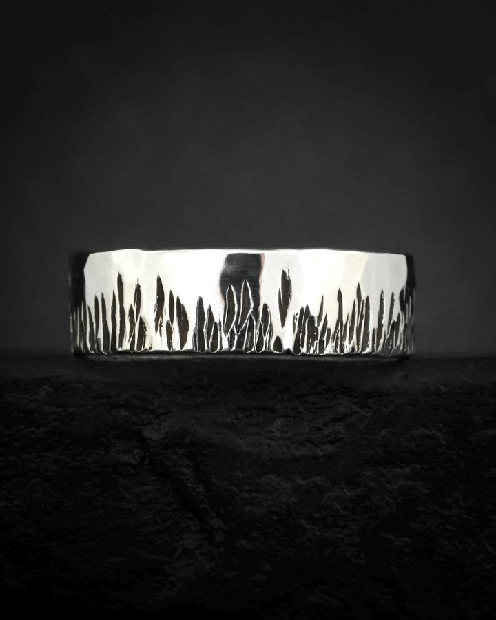 Textured Wide Flame Band. Shiny Finished 925 Sterling Silver Slim Hand Engraved Flame Wedding Band Ring