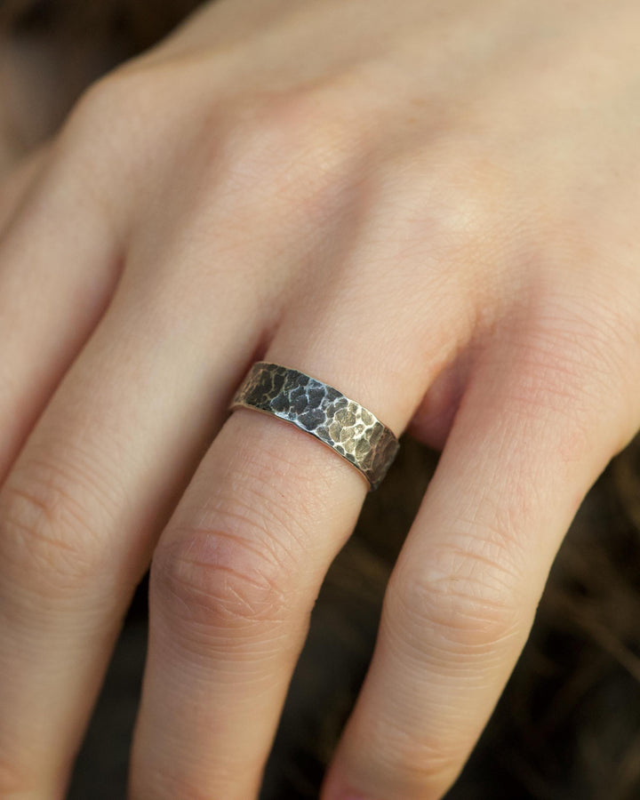 Black Silver Hammered Band Ring