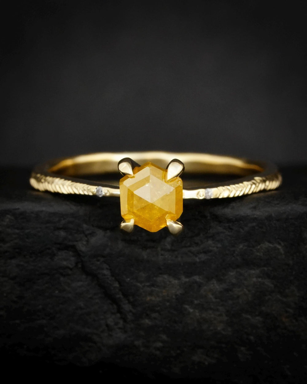 Yellow Hexagon Diamond Ring. RTS US size 6. Yellow Geometric Diamond eMeraki Signature Feather Textured Engraved Elongated Engagement Ring