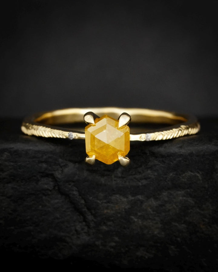 Yellow Hexagon Diamond Ring. RTS US size 6. Yellow Geometric Diamond eMeraki Signature Feather Textured Engraved Elongated Engagement Ring