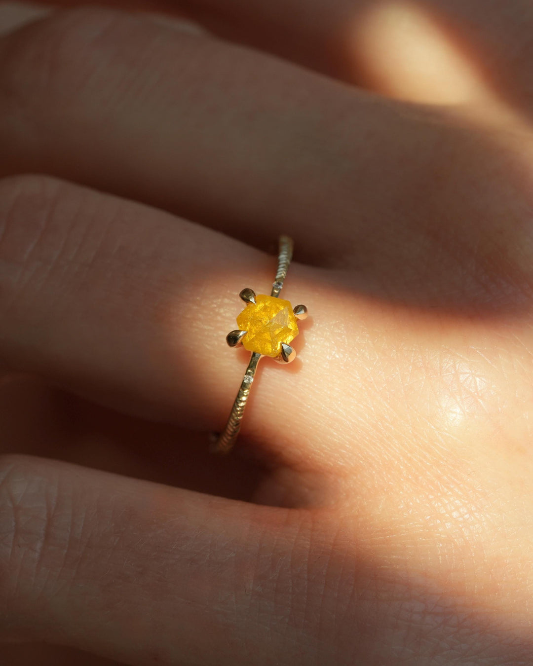 Yellow Hexagon Diamond Ring. RTS US size 6. Yellow Geometric Diamond eMeraki Signature Feather Textured Engraved Elongated Engagement Ring