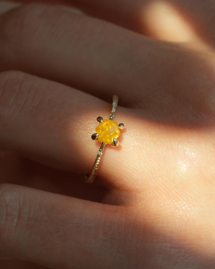 Yellow Hexagon Diamond Ring. RTS US size 6. Yellow Geometric Diamond eMeraki Signature Feather Textured Engraved Elongated Engagement Ring