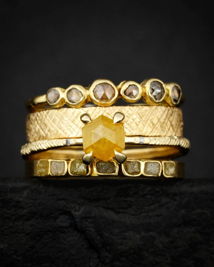 Yellow Hexagon Diamond Ring. RTS US size 6. Yellow Geometric Diamond eMeraki Signature Feather Textured Engraved Elongated Engagement Ring