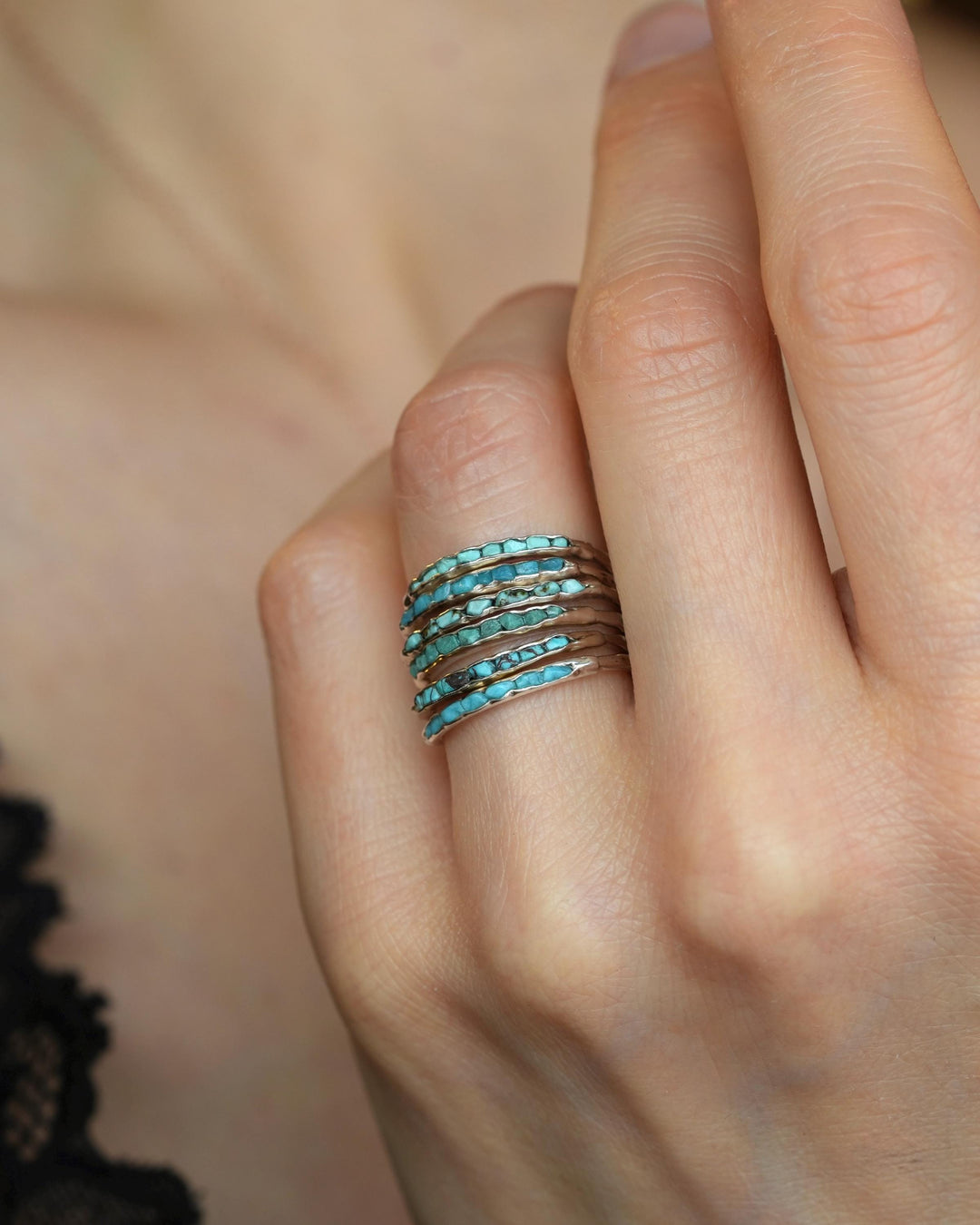 Set of 6 Silver Turquoise Band Rings