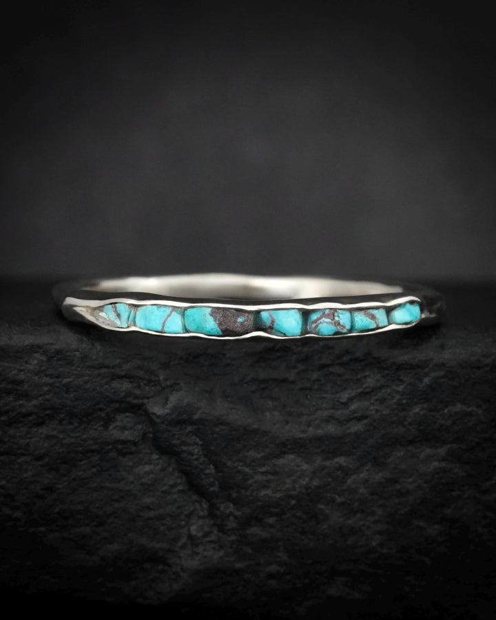 Skinny Raw Turquoise Band. Rustic Solid Gold or Silver Uncut Turquoise Alternative Slim Dainty Stacking Wedding Ring