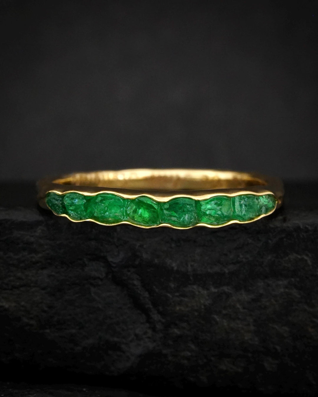 Raw Vivid Green Emerald Band. Solid Gold or Silver Uncut Natural Emerald Everyday Stacking Ring or Unique Wedding Band