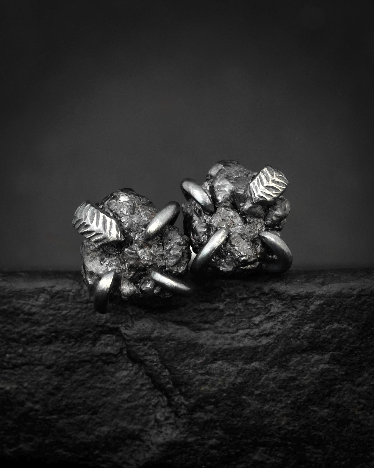 Black Silver Raw Black Diamond Stud Earrings
