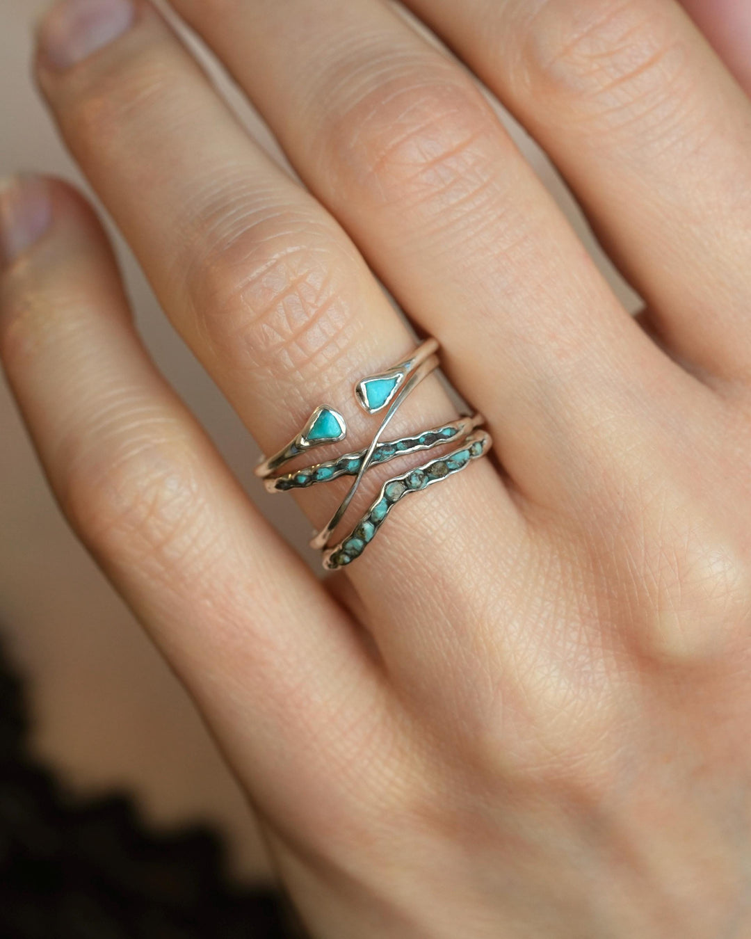 Adjustable Sleeping Beauty Turquoise Ring. Rustic Bohemian Style Natural Triangular Bright Sky Blue Raw Turquoise Open Front Spacer Band