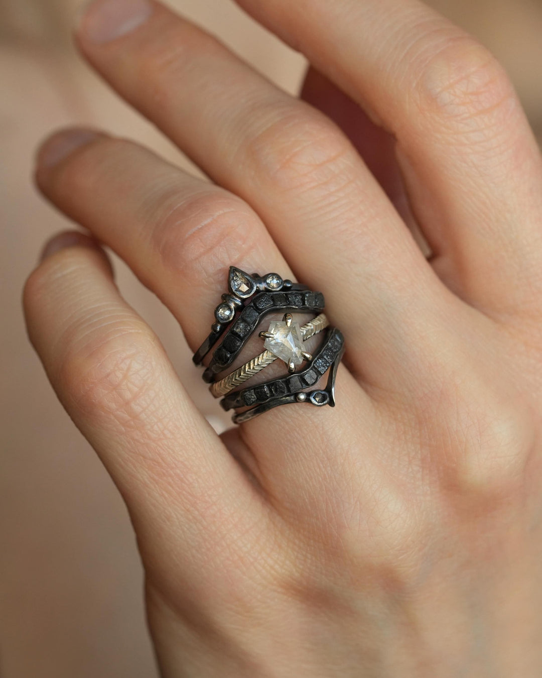 PROOV White Shield Diamond Engagement Ring. Rustic White Gold Feather Textured 4 Prong Set Salt and Pepper Kite Diamond Statement Ring