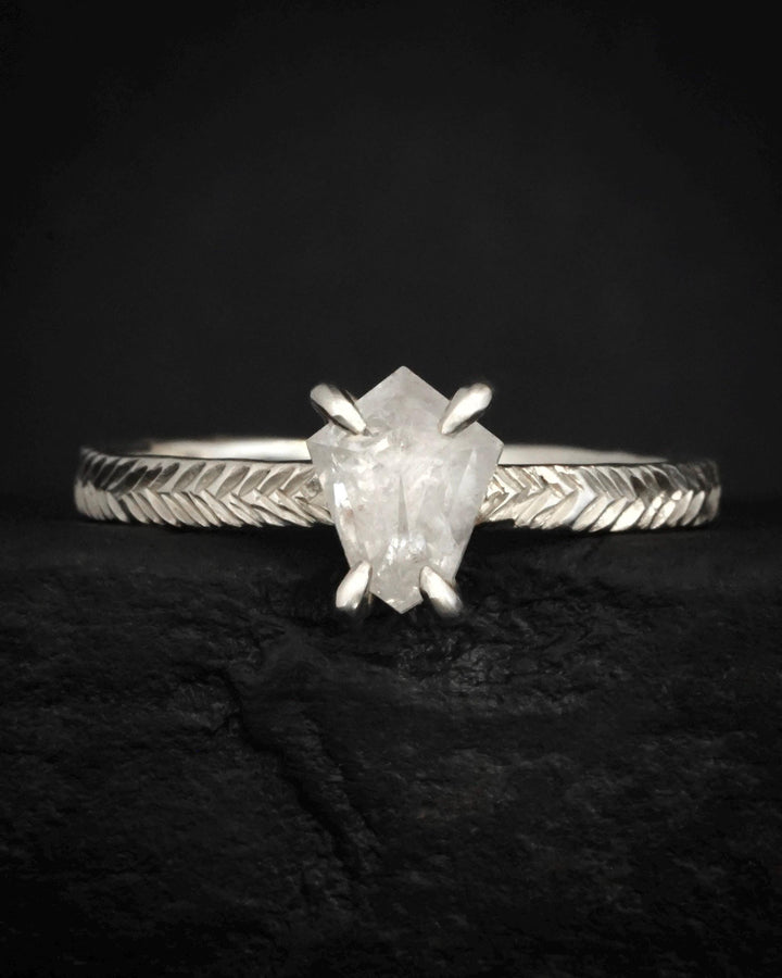 PROOV White Shield Diamond Engagement Ring. Rustic White Gold Feather Textured 4 Prong Set Salt and Pepper Kite Diamond Statement Ring