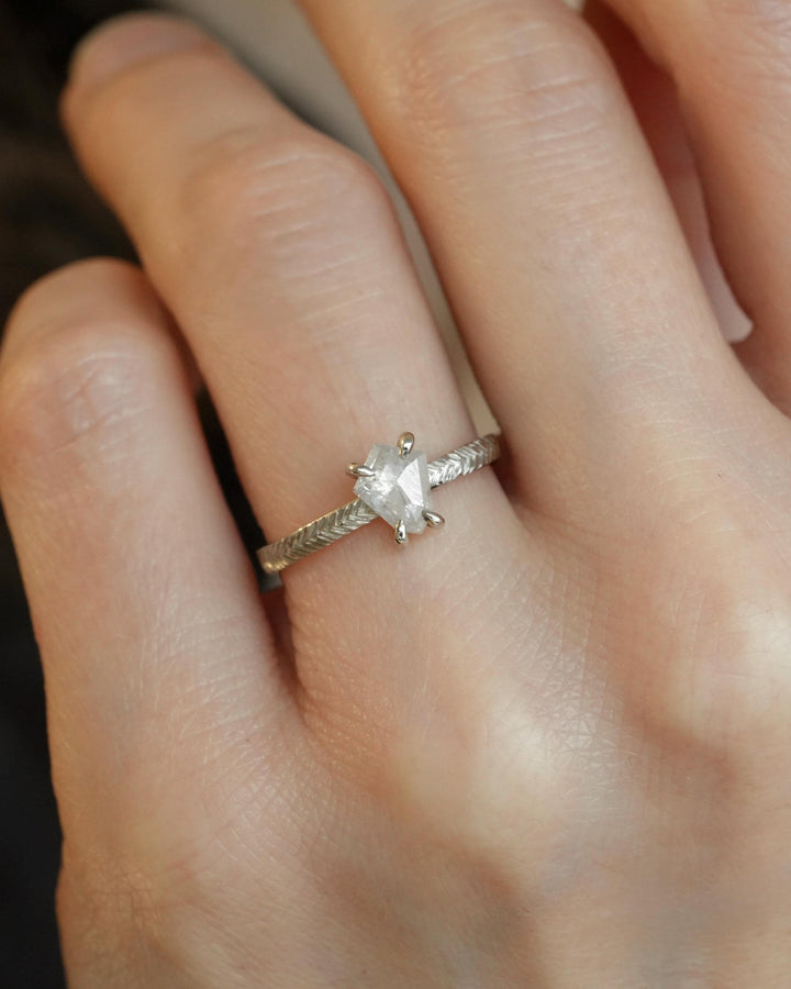 PROOV White Shield Diamond Engagement Ring. Rustic White Gold Feather Textured 4 Prong Set Salt and Pepper Kite Diamond Statement Ring