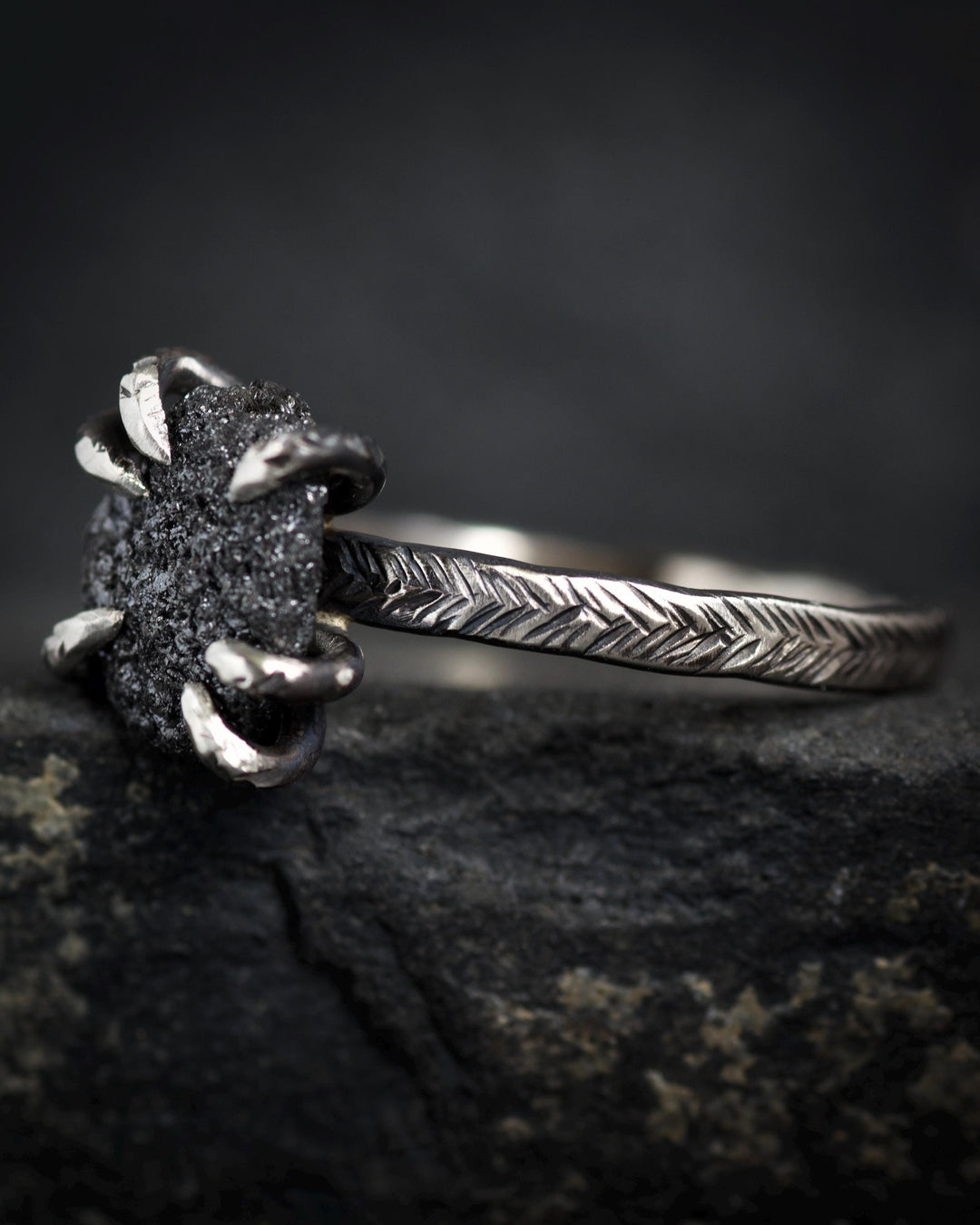 Raw Black Diamond Engagement Ring