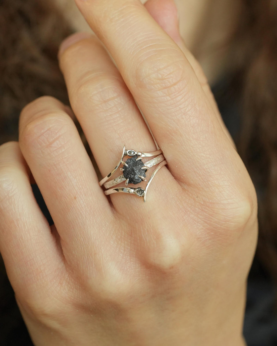 Raw Black Diamond Engagement Ring