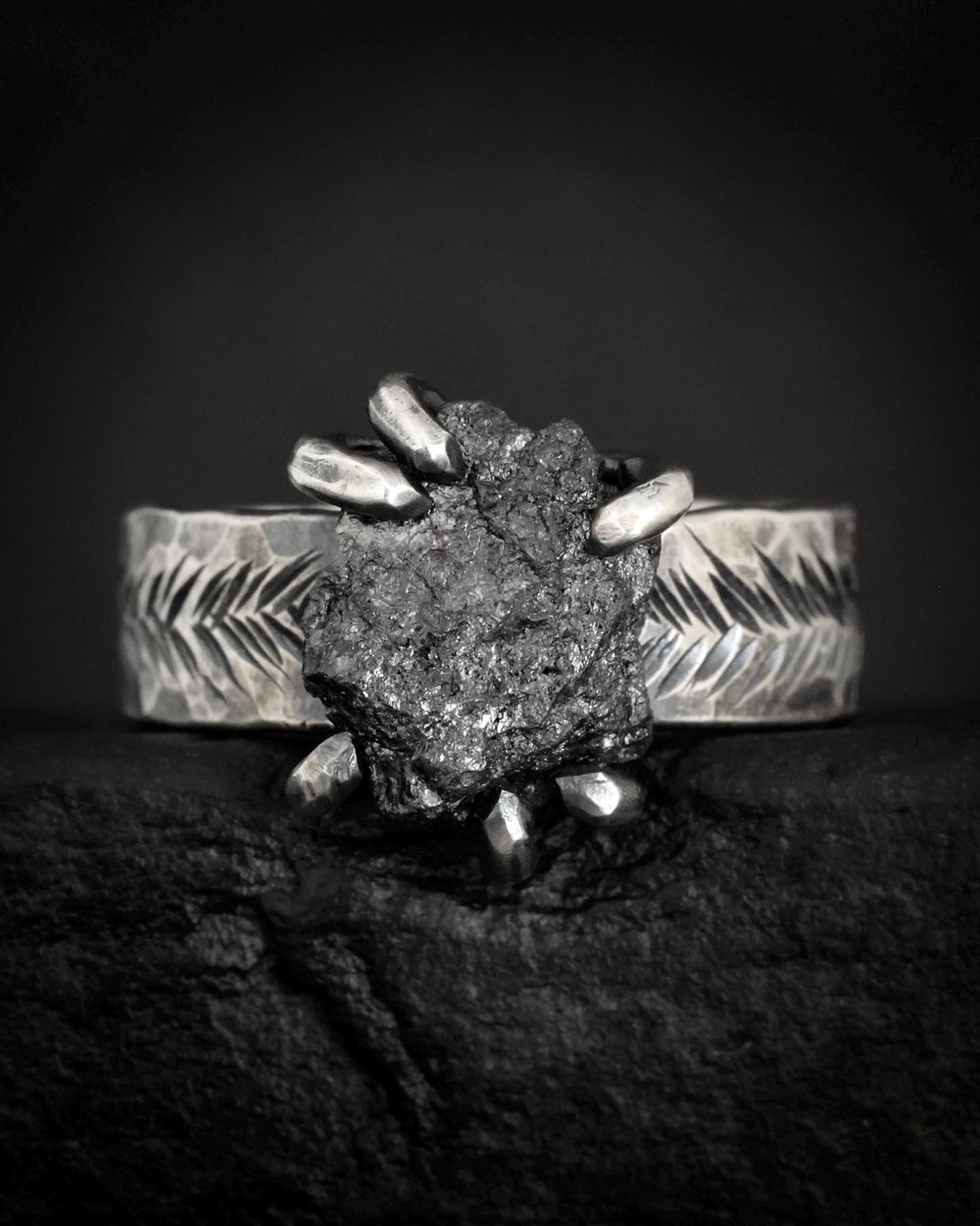 Wide Raw Black Diamond Ring