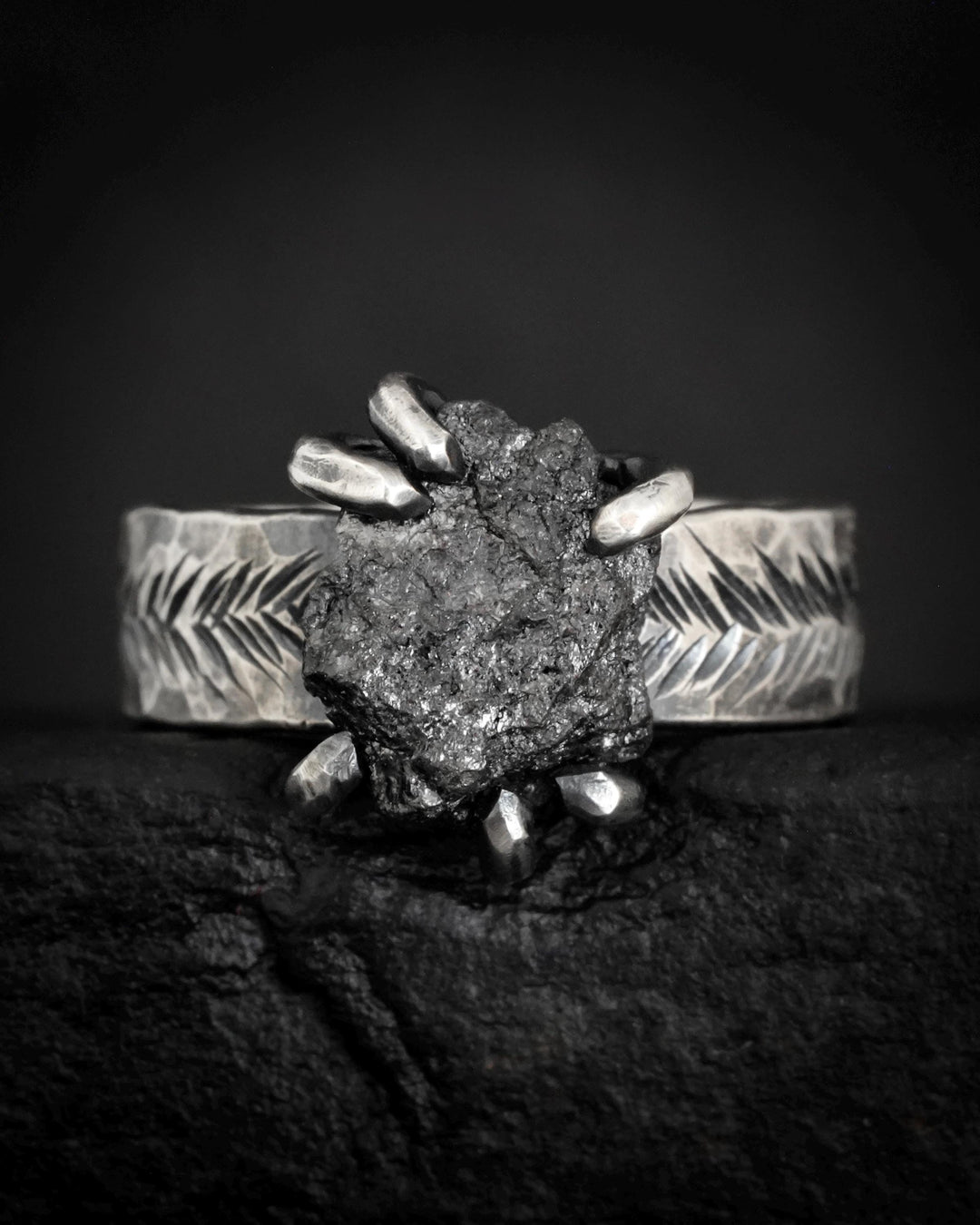 Wide Raw Black Diamond Ring