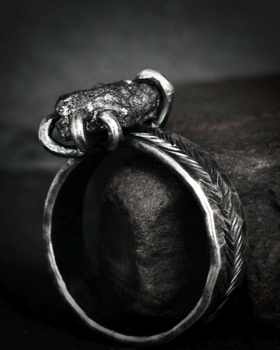 Wide Raw Black Diamond Ring