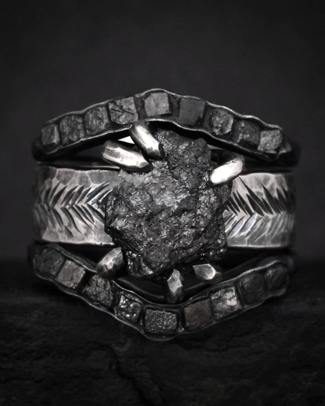 Wide Raw Black Diamond Ring
