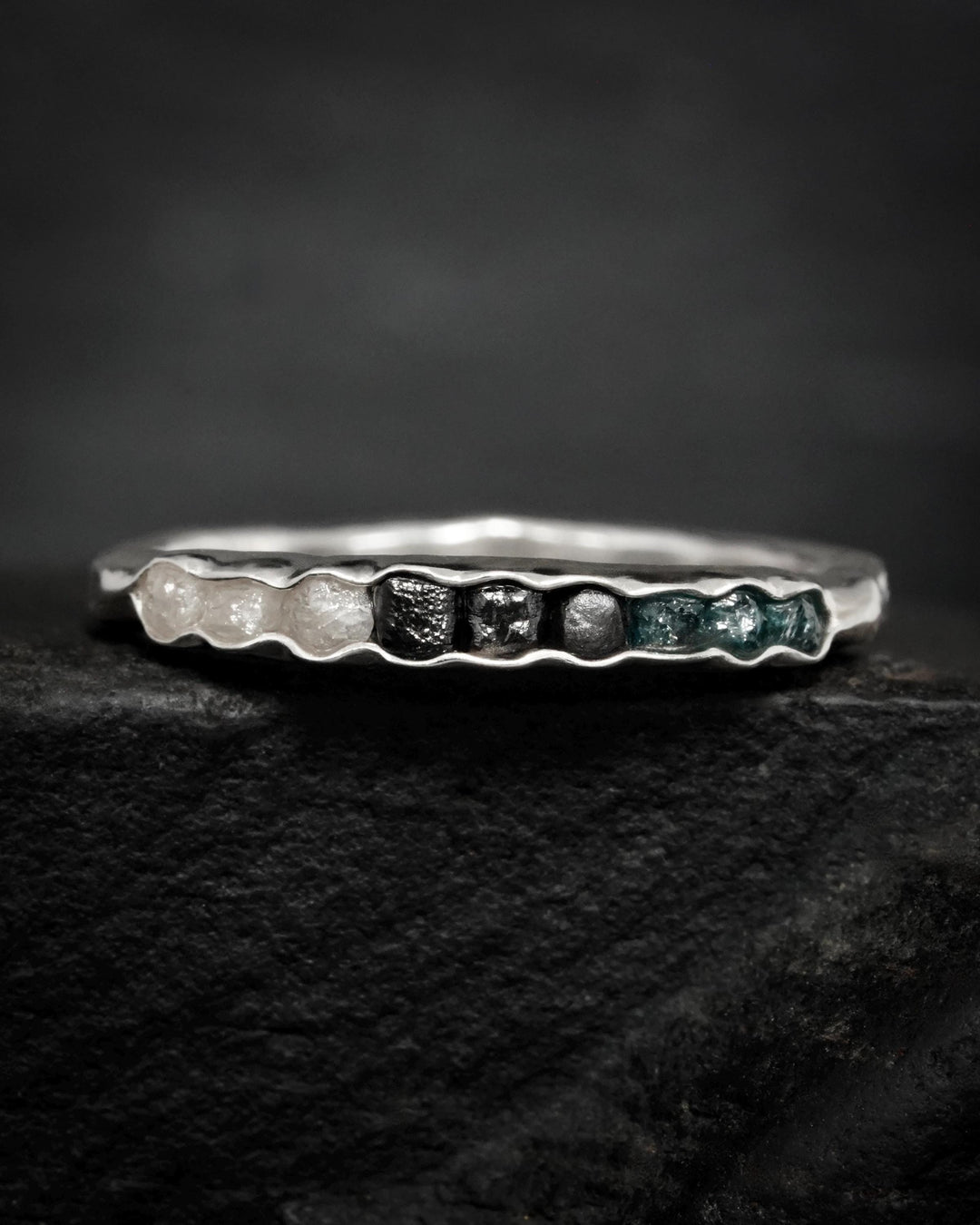Blue, Black and White Sterling Silver Diamond Band Ring