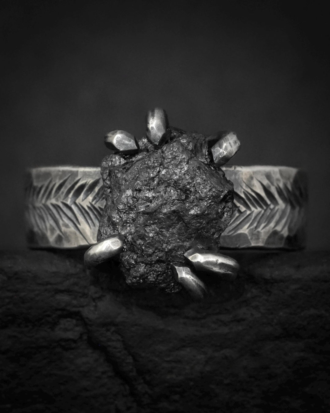 Wide Raw Black Diamond Ring