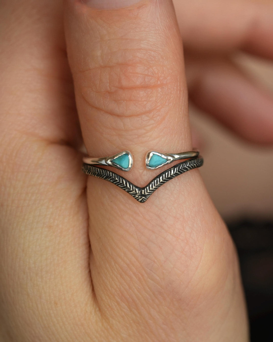 Adjustable Sleeping Beauty Turquoise Ring. Rustic Bohemian Style Natural Triangular Bright Sky Blue Raw Turquoise Open Front Spacer Band