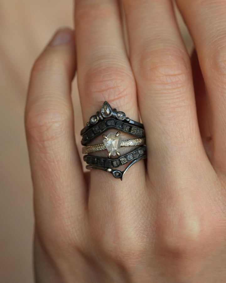 PROOV White Shield Diamond Engagement Ring. Rustic White Gold Feather Textured 4 Prong Set Salt and Pepper Kite Diamond Statement Ring