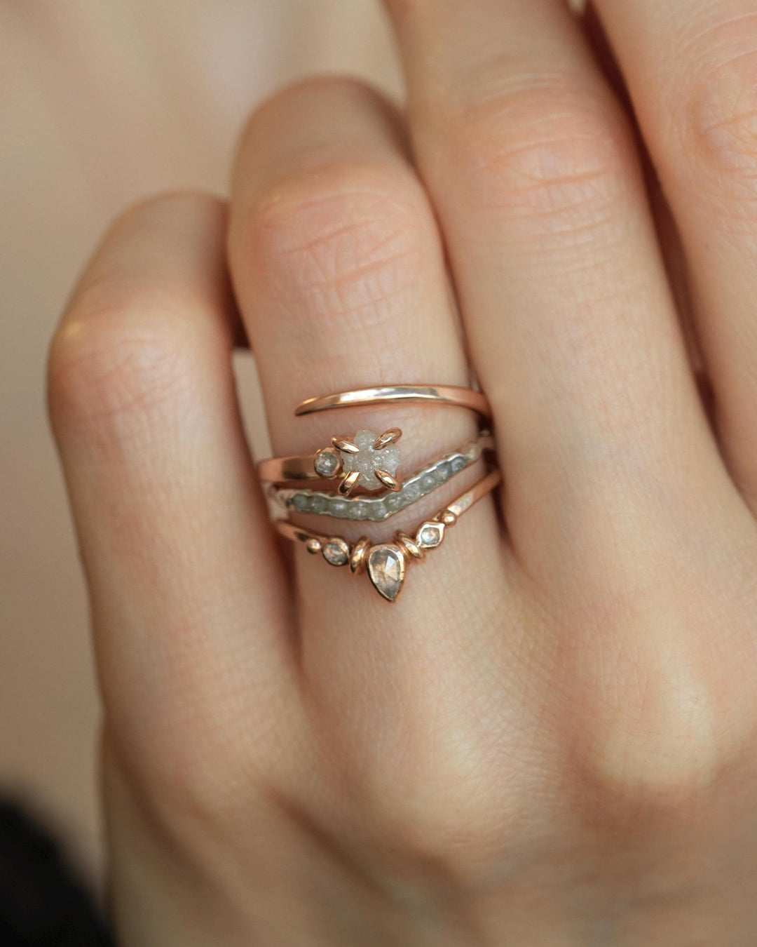 Adjustable Raw White Diamond Horseshoe Nail Ring