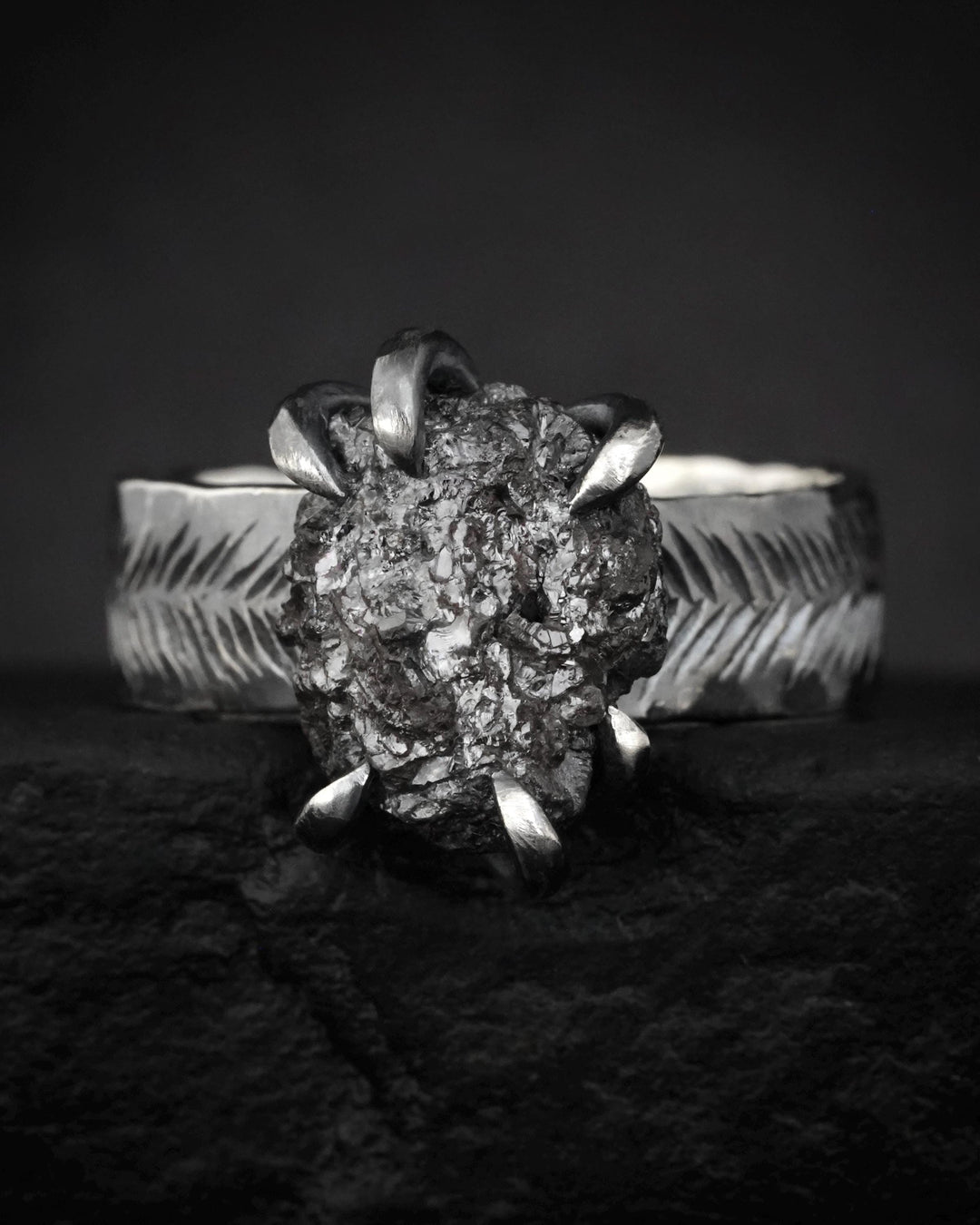 Wide Raw Black Diamond Ring