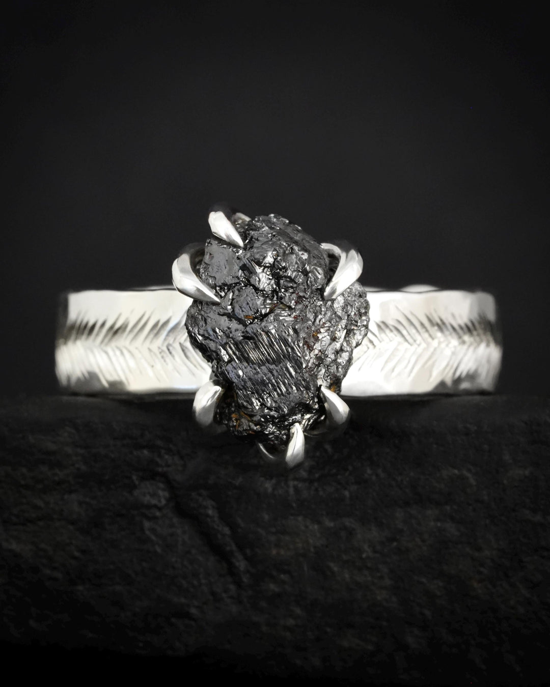Wide Raw Black Diamond Ring