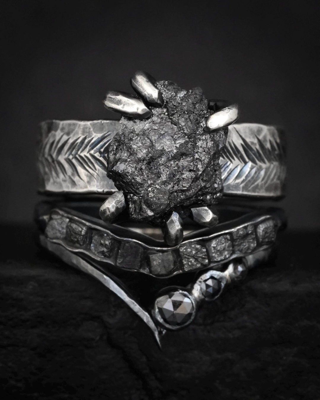 Wide Raw Black Diamond Ring