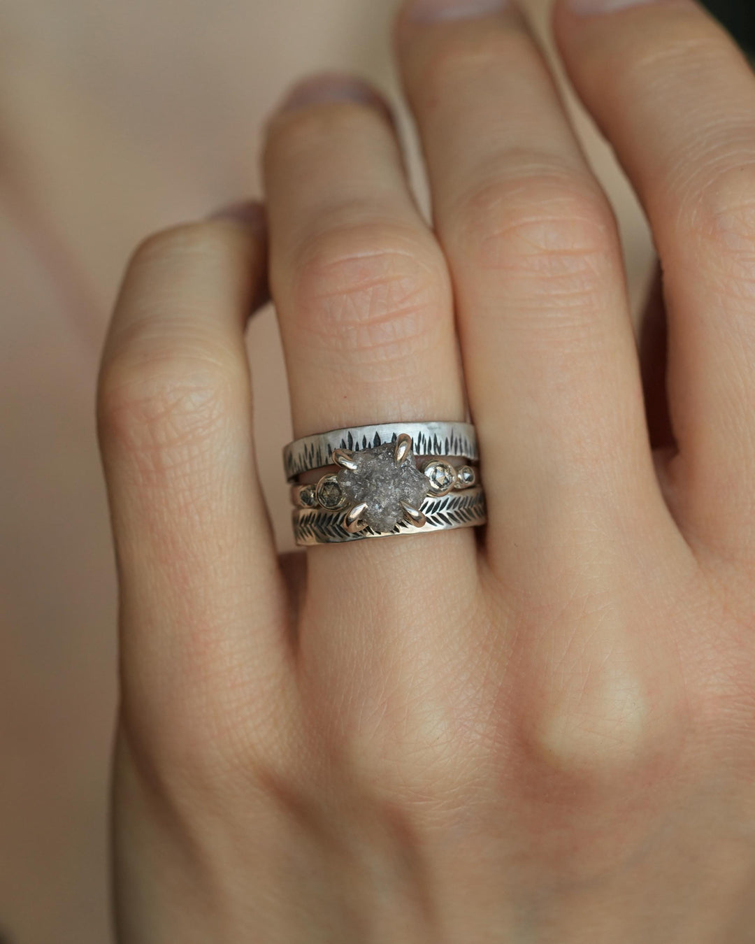 Gold Raw and Cut 5 Grey Diamond Engagement Ring