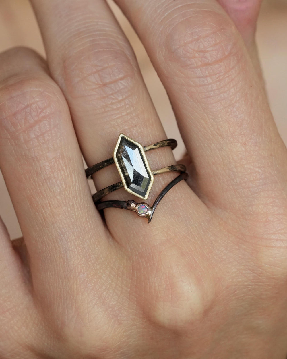 Rustic Yellow Gold Geometric Galaxy Diamond Statement Ring