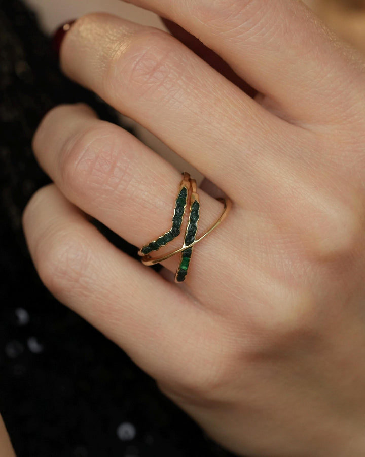 Gold Raw Emerald Wave Ring