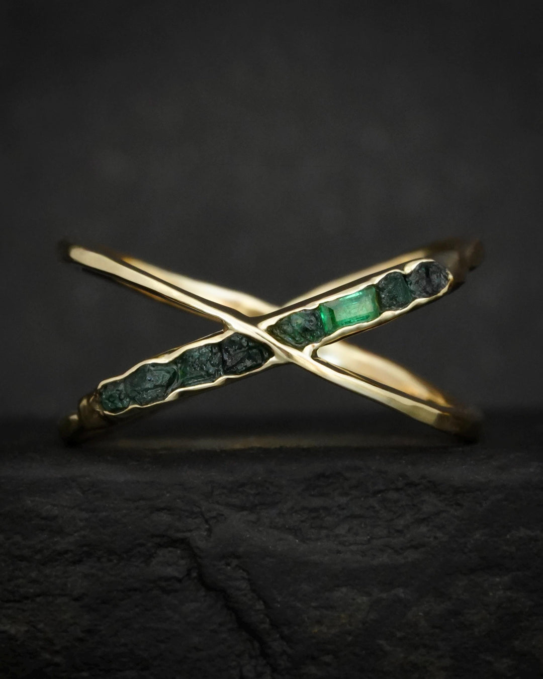 Raw Emerald Gold X Ring