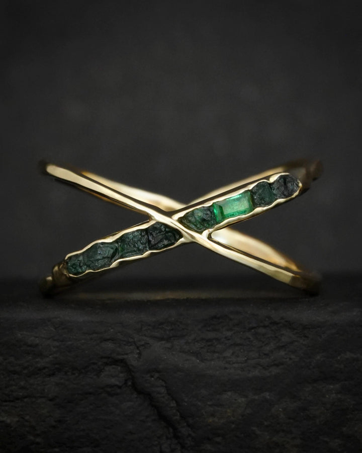 Raw Emerald Gold X Ring
