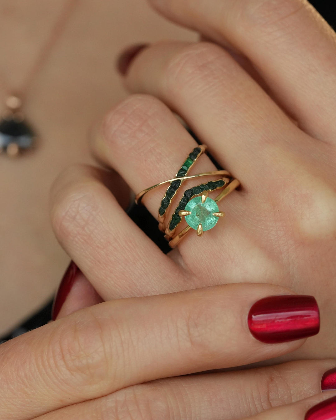 Raw Emerald Gold X Ring