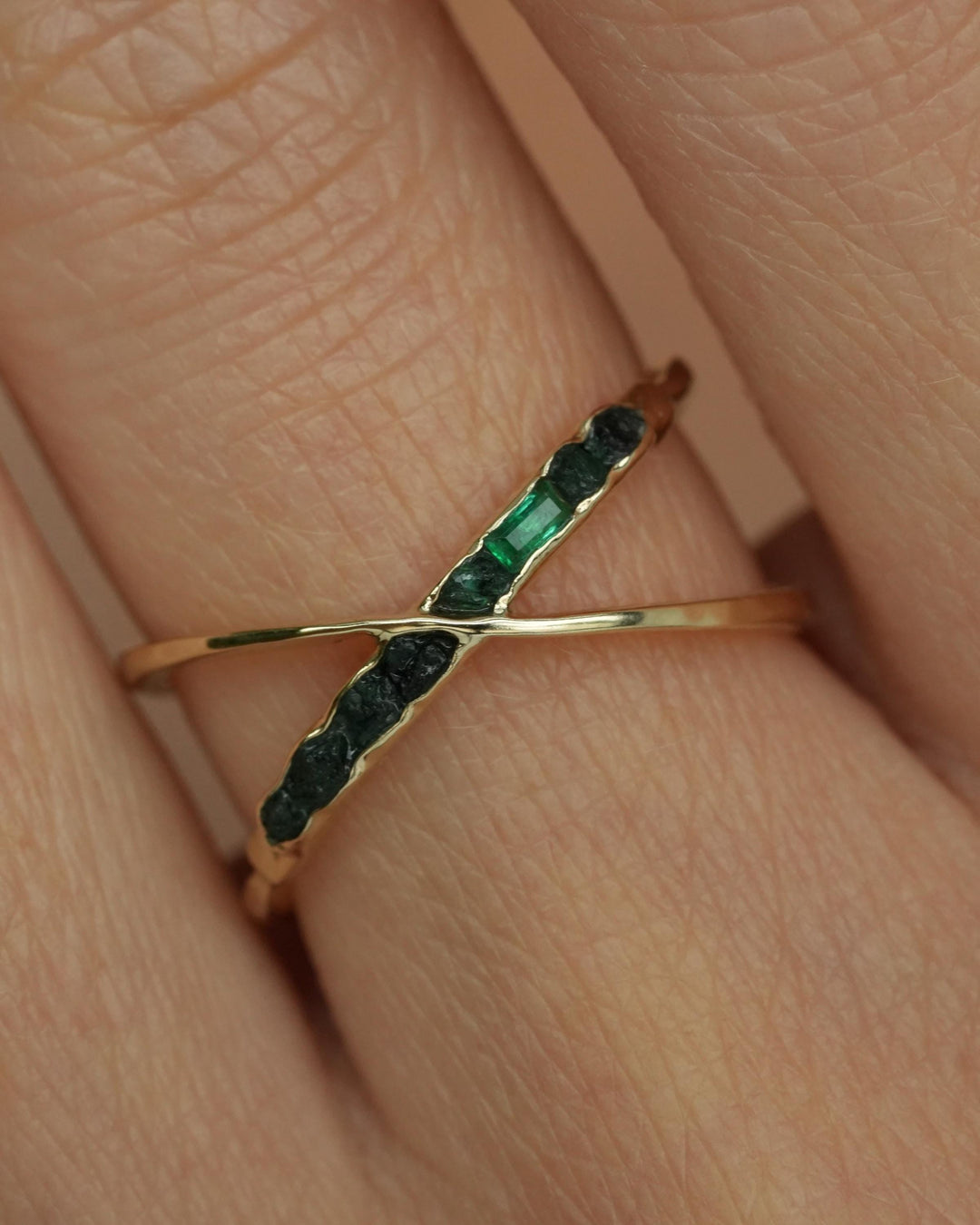 Raw Emerald Gold X Ring